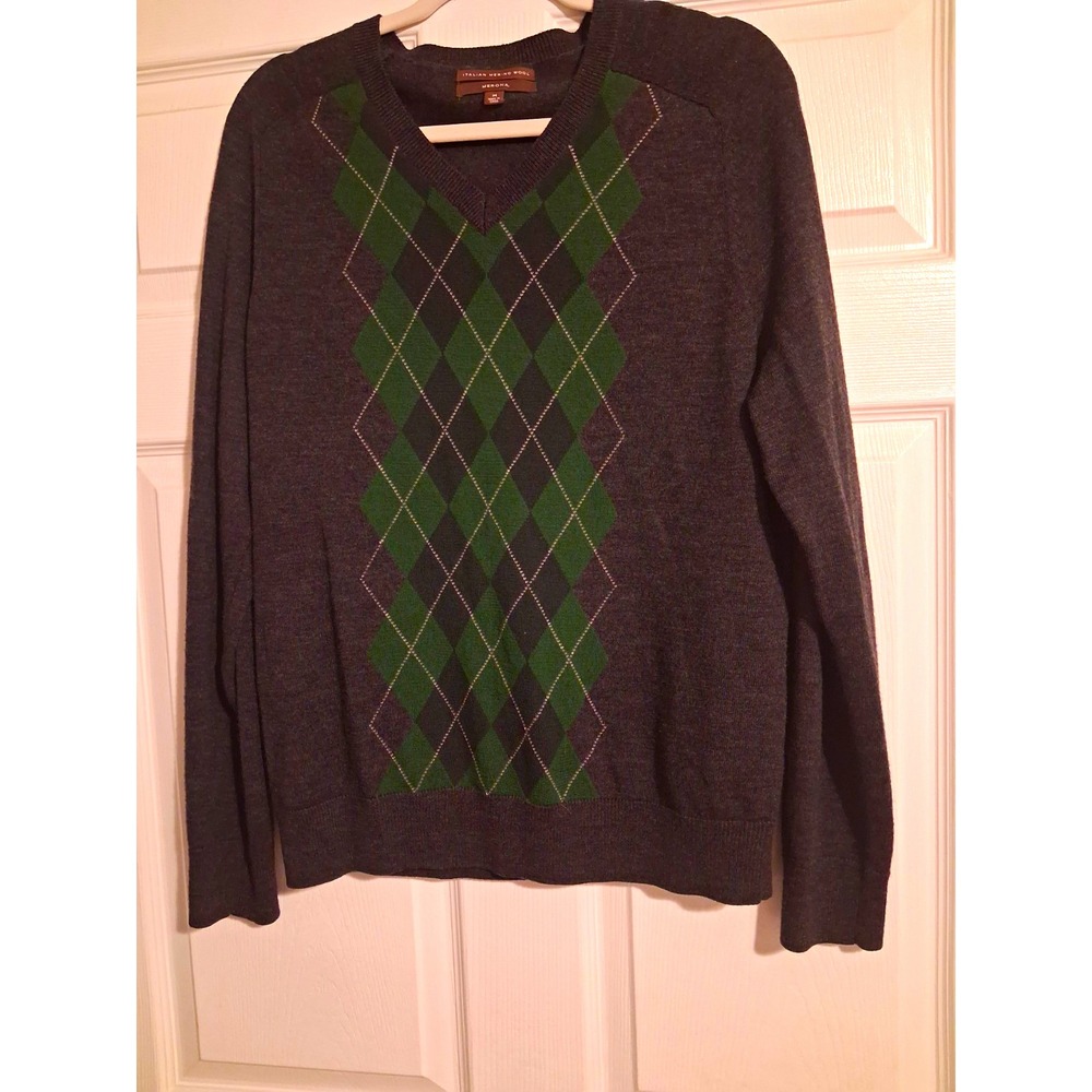 Merona Italian Merino Wool Argyle V Neck Sweater M Preppy Academia University